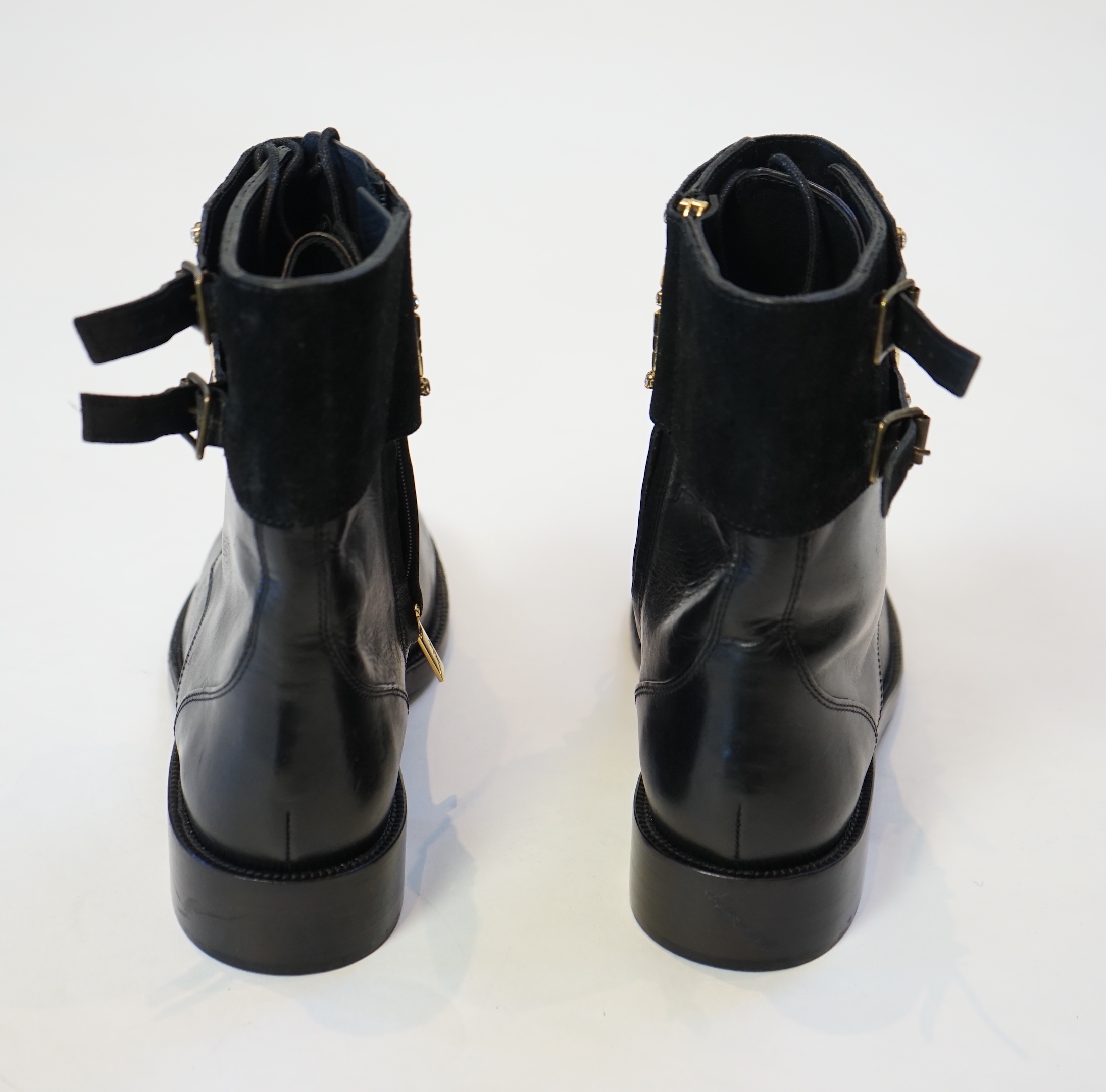 A pair of René Caovilla embellished unworn black leather biker boots, size EU 40